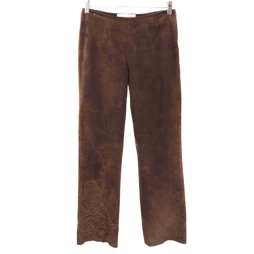 MARGARET GODFREY Brown Genuine Suede Embroidered Flare Pants Size 2P